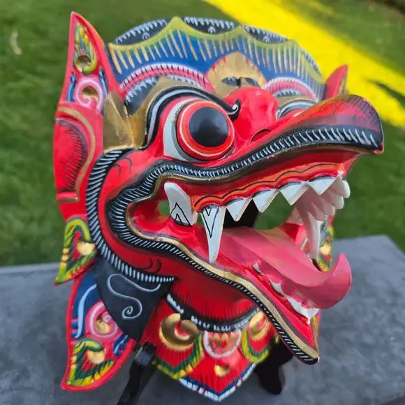 Vintage Balinese Garuda Mask Hand Painted Marked Mythical Ceremonial Wall Art